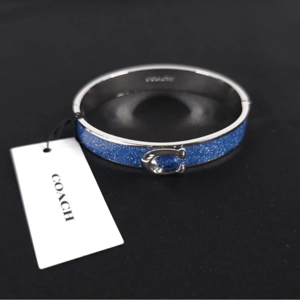 NWT COACH Signature C Logo Hinged Bangle Bracelet Sparkly Blue Enamel & Silver‎